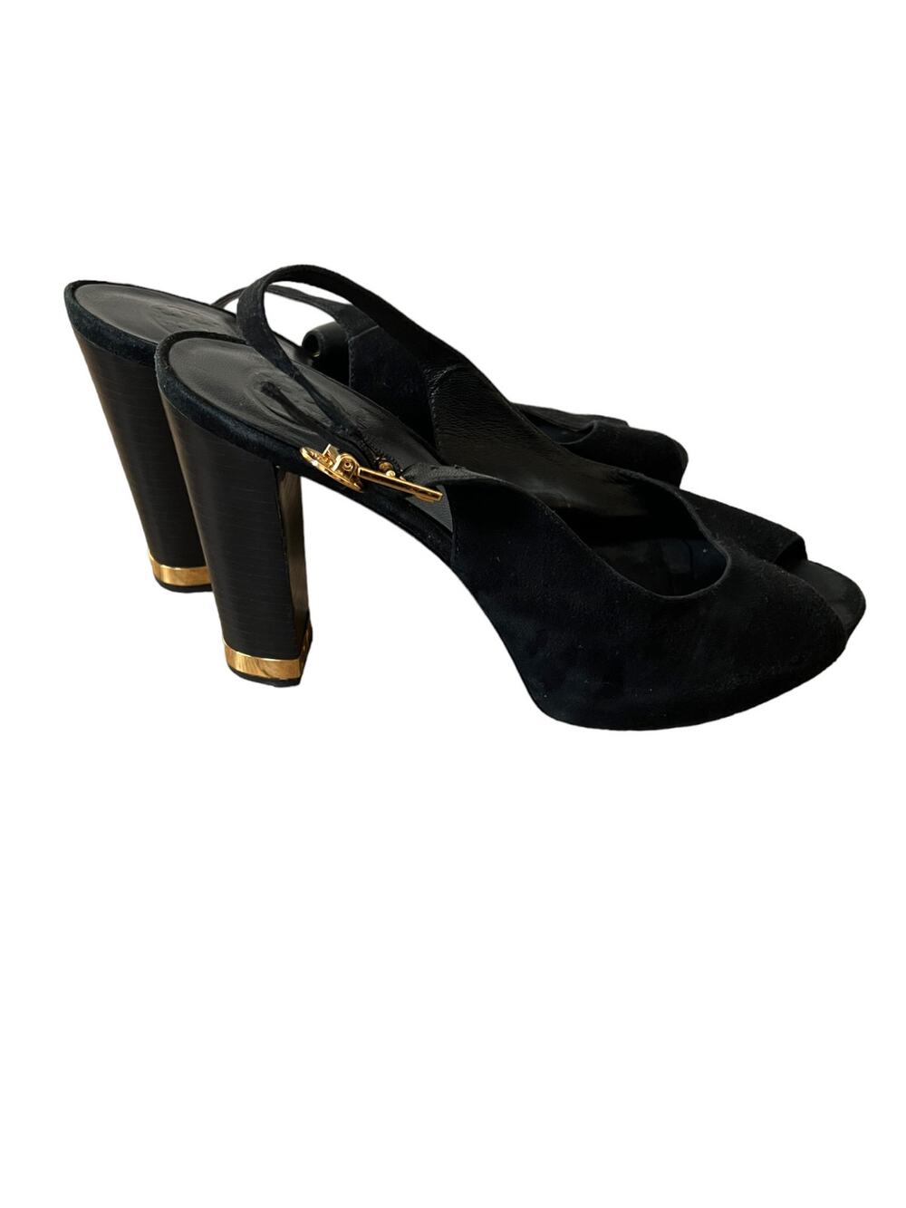 Tory Burch Black Gold Suede Slingback Block Platform Heels Size 9.5